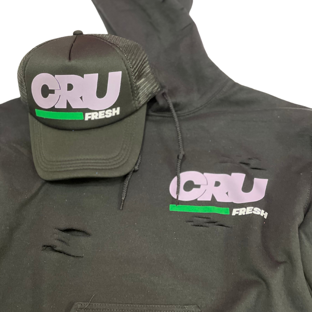 CRUCIAL DISTRESSED HOODIE BLACK WITH PINK & GREEN