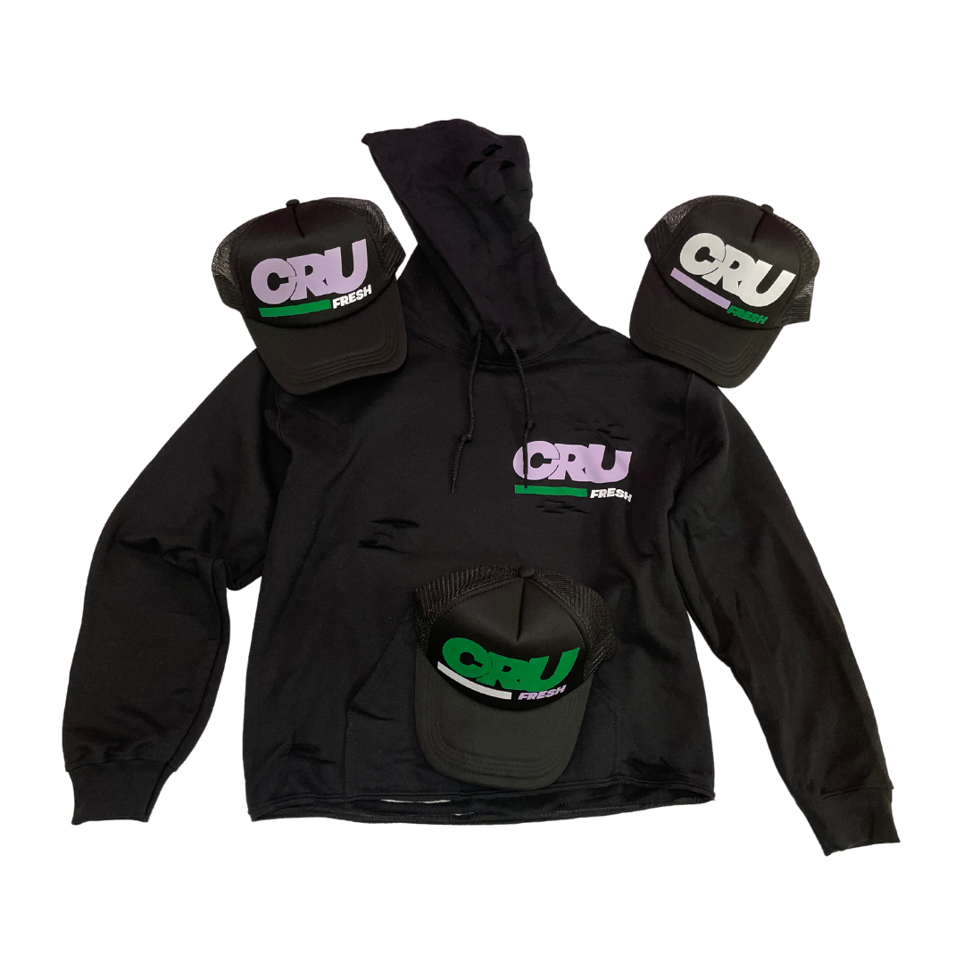 CRUCIAL DISTRESSED HOODIE BLACK WITH PINK & GREEN